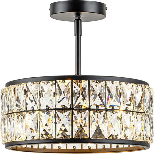 Rpzloila 3-Light Crystal Ceiling Light, Modern Semi Flush Mount Ceiling Light, Black Crystal Chandelier for Kitchen Bedroom Bathroom Entryway Hallway