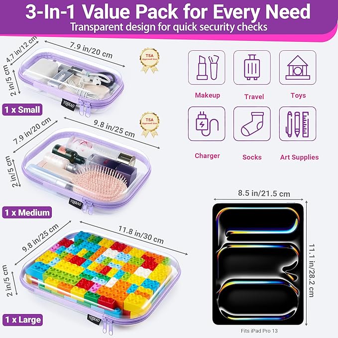 YQBRAO 3 Pack Hard Sided Clear Zipper Case for Storage- Thickened-Grade Clear Hard Shell Zipper Case for Organizing Bead, Handicrafts, Sewing, Playdo (Purple, LMS)