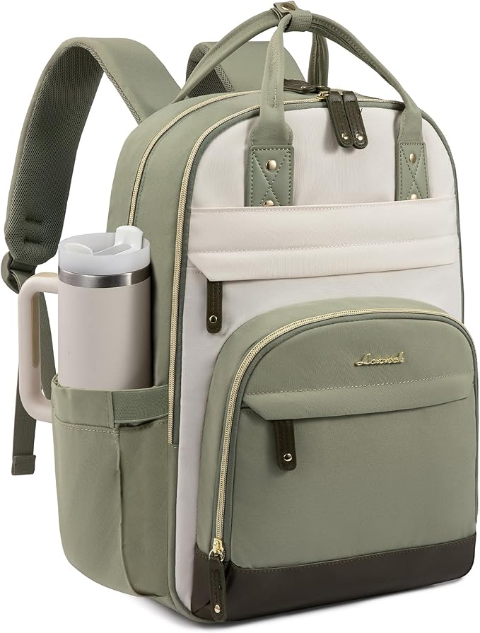 LOVEVOOK Laptop Backpack for Women with Giant Tumbler Holder Pocket,15.6 inch School College Book Bag Nurse Teacher Backpack,Work Travel Backpack Laptop Computer Bag,Pea green-Light yellow-Burlap blue