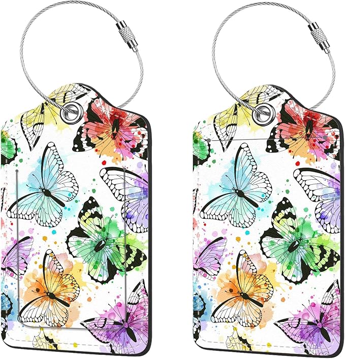 2 Pcs Luggage Tags for Suitcase, Cute Unique PU Leather Travel Bag Tag with Privacy Cover ID Label Address Card and Durable Metal Ring Suitable for Men Women Children Backpack,Colored Butterfly A