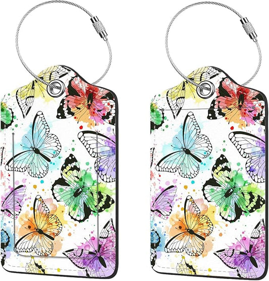 2 Pcs Luggage Tags for Suitcase, Cute Unique PU Leather Travel Bag Tag with Privacy Cover ID Label Address Card and Durable Metal Ring Suitable for Men Women Children Backpack,Colored Butterfly A