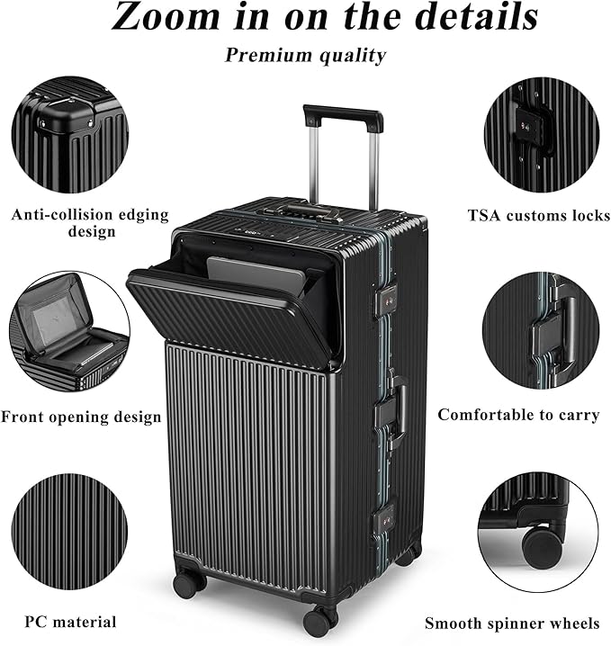 feilario 30in Super Large Captain Aluminum Frame Hardside Spinner Wheels Luggage, Zipperless Checked Suitcase with Front Compartment/Cup Holder/Phone Holder