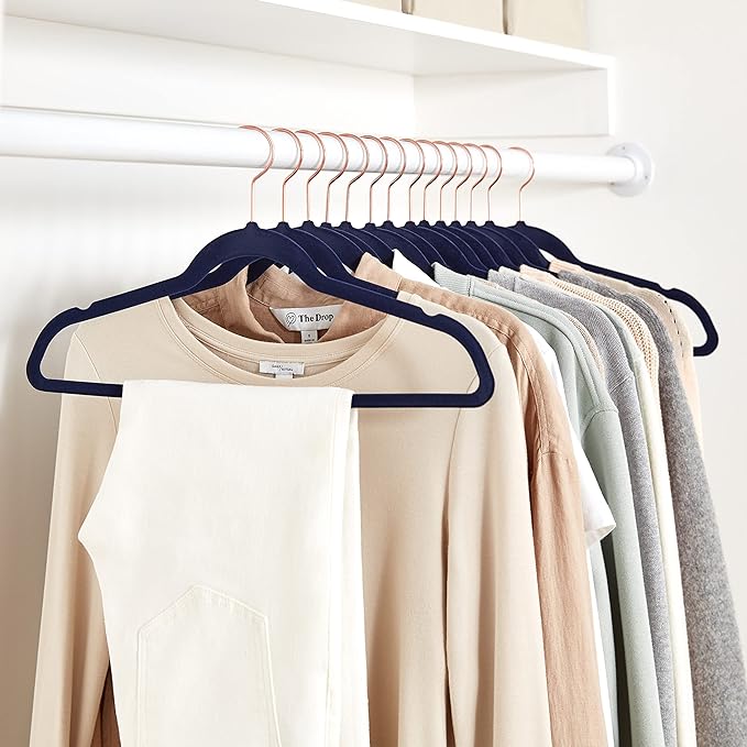 Amazon Basics Slim Velvet Non-Slip Space Saving Suit Clothes Hangers, Sturdy Construction, Navy Blue/Rose Gold, 50-Pack