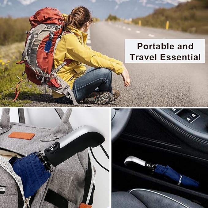 TradMall Travel Umbrella Windproof with 46 Inches Large Canopy 10 Reinforced Fiberglass Ribs Ergonomic Handle Auto Open & Close, Navy Blue