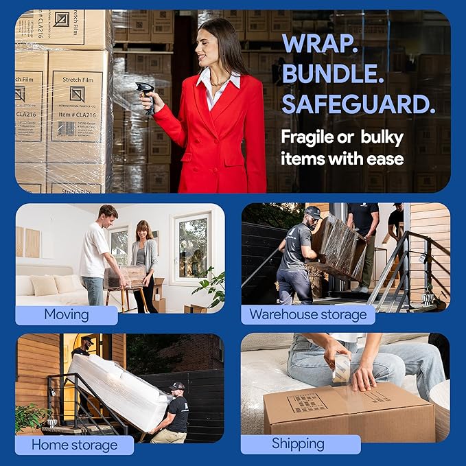 International Plastics Co. 12 Pack 15" Plastic Stretch Film Wrap with Extended Tension Handles 1200ft Each 500% Stretch Clear Cling Durable Adhering Packing Moving Heavy Duty Pallet Shrink