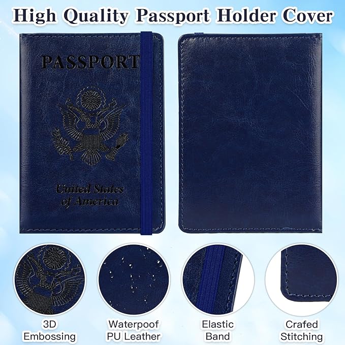 Passport Holder for Travel, RFID Blocking Passport Cover with Pen Holder Leather Passport Wallet Case Travel Must Haves Accessories Passport Book Card Holder for Family Travel Essentials, Dark Blue
