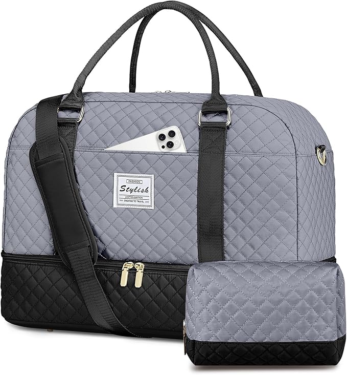 Weekender Bags for Women Travel Bag- Duffle Bags with Shoe Compartment Large Carry On Overnight Bag with Toiletry Bag & Wet Pocket for Women Labor Delivery Grey Black
