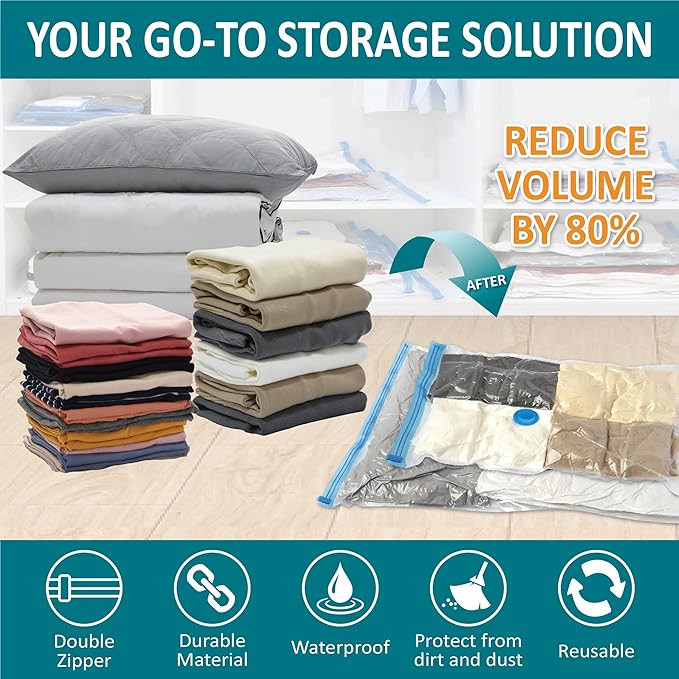 Cozy Essential Vacuum Storage Bags, 80% Compression Vacuum Seal Space Saver Plastic Packaging Bags for Clothes, Blankets, Pillow, Bedding, Comforters, Sealer Clothing Storage,30 Combo