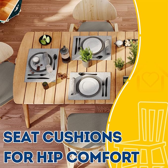 AAAAAcessories D-Shaped Chair Cushions, 2" Thick Dining Chair Pads with Ties and Removable, Machine-Washable Cover, 17" x 16", Set of 6, Khaki Gray