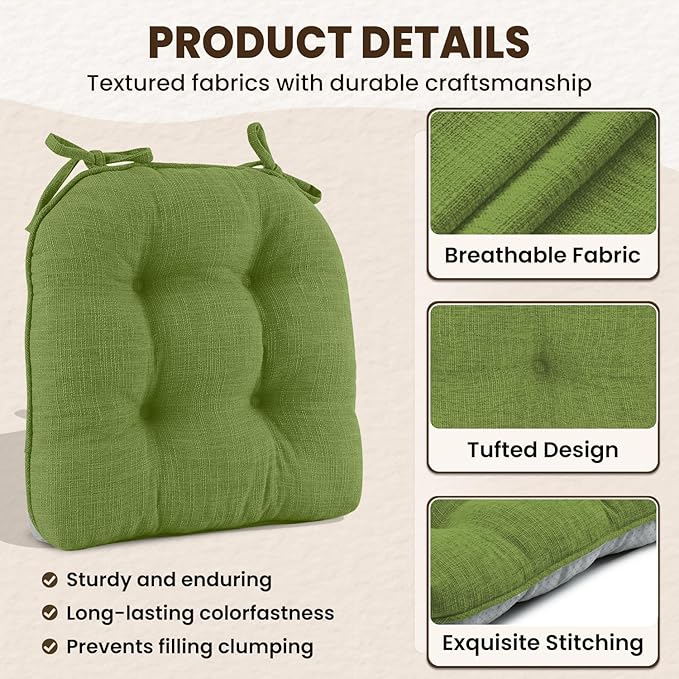 downluxe Indoor Chair Cushions for Dining Chairs, Tufted Overstuffed Textured Kitchen Chair Pads with Ties and Non-Slip Backing, 15.5" x 15.5" x 4", Grass Green, 4 Pack
