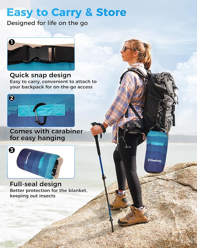 ingCamp Ultralight Camping Blanket, Packable Down Alternative Puffy Printed Wearable Blanket with Snap Buttons & Corner Loops Weatherproof Quilt for Outdoor Travel Stadium (78.7" x 57.1", Cyan/Orange)