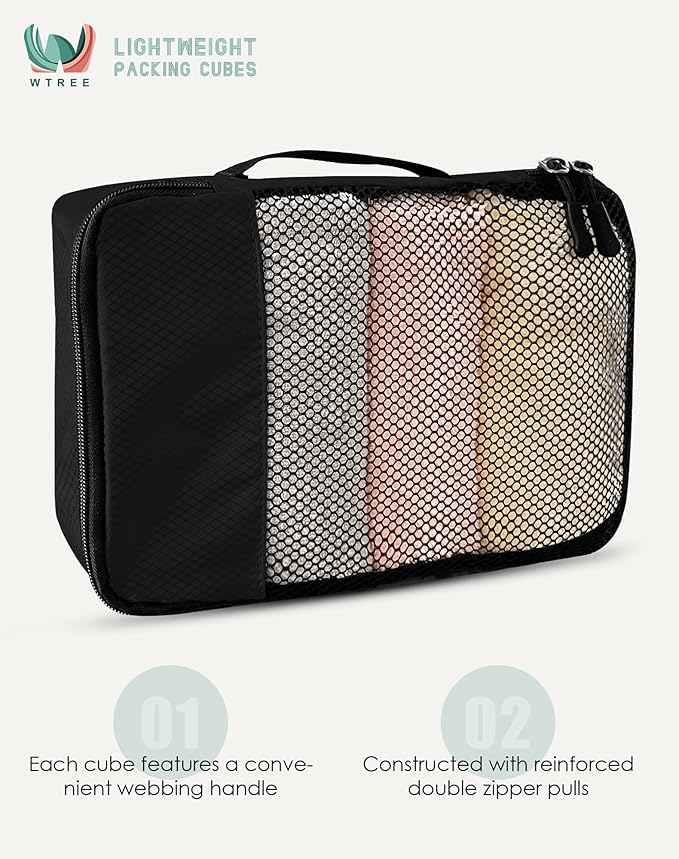 4-Piece Packing Cubes Travel Accessories Set for Suitcases - Luggage Organizer Bags with Double Zipper - Mesh Top - Small/Medium/Large/Slim - Black