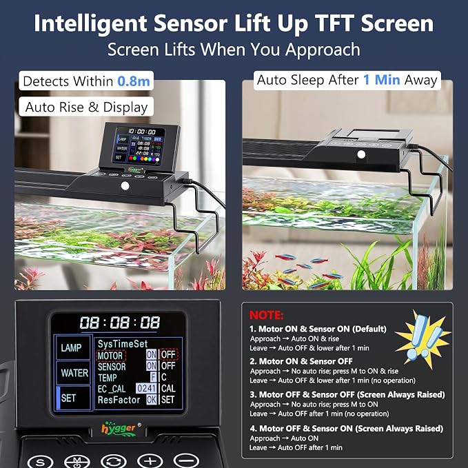 hygger 48W Smart Aquarium LED Light with Water Monitor for 36-42 Inch Tanks | Auto Lift-Up TFT LCD Screen, Temperature Monitor, Water Quality Monitoring, Full Spectrum Lighting, Intelligent Control