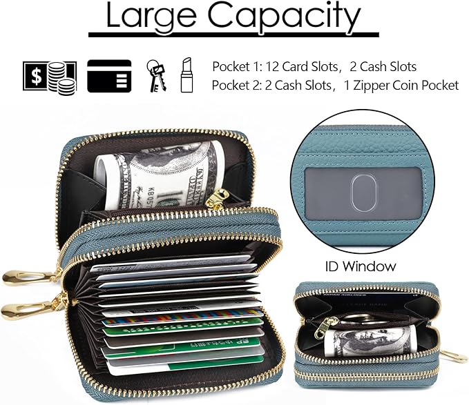 imeetu RFID Credit Card Holder, Small Leather Zipper Card Case Wallet for Women