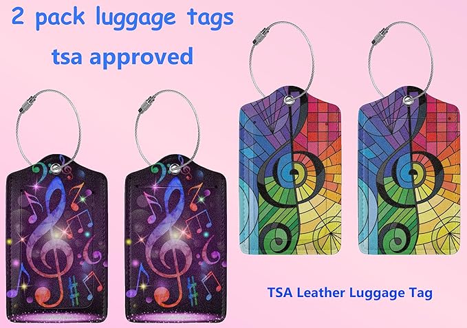 2P Music Note Rainbow Glass Luggage Tags Privacy Cover ID Label with Stainless Steel Loop and Address Card for Travel Bag Suitcase Funny Cute Man Women Kids