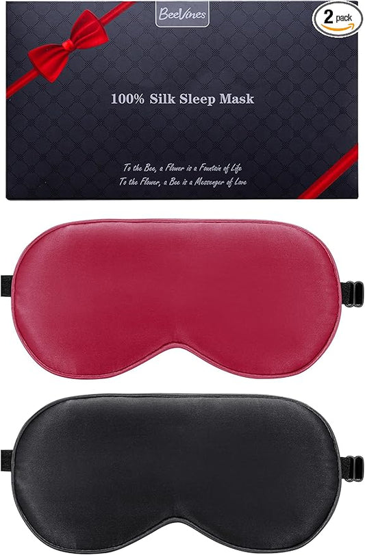 BeeVines 100% Real Mulberry Silk 2 Pack Sleep Mask, Pure Silk Eye Masks with Adjustable Strap for Sleeping, 100% Block Light Eye Shade Cover, Reduces Puffy Eyes Traveling Gifts(Black & Red)