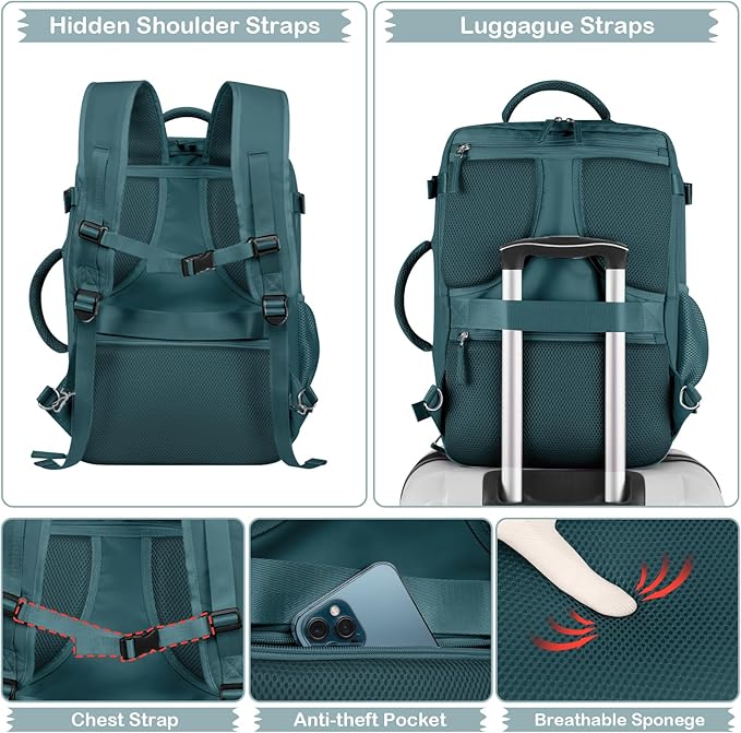 Hanples Personal Item Backpack,Travel Backpack for Women, 35L Carry on Backpack,17 Inch Laptop Backpack with USB Charging Port, Travel Essentials with 2 Toiletry Bags(Peacock Blue)