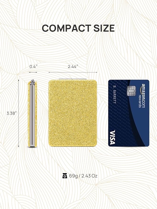 OMIRO Compact Mirror, Glitter PU Leather 1X/3X Magnification, Ultra Portable for Purses, 2.4" W x 3.4" L (Gold)