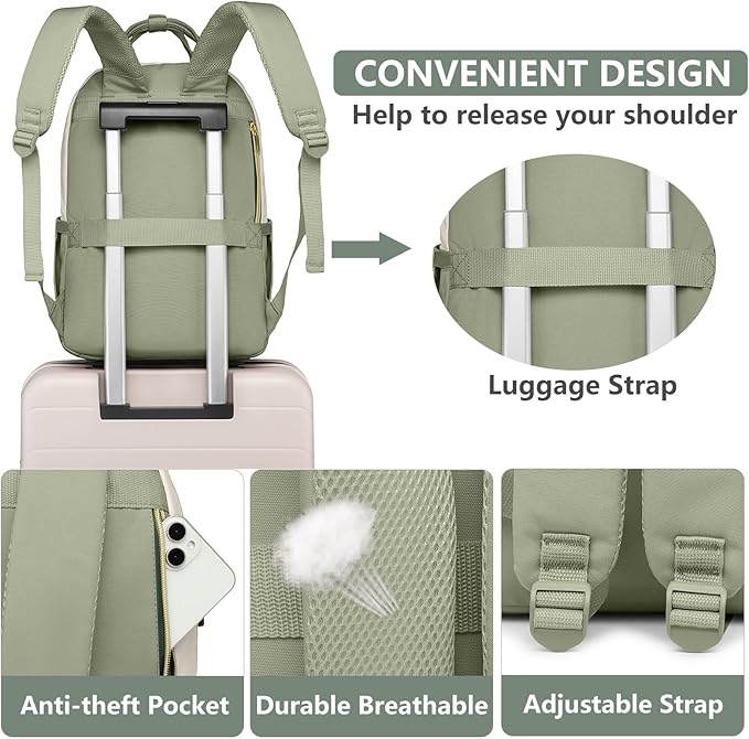 Laptop Backpack for Women Work Bag - 15.6 inch Travel Backpack with USB Charger College Bookbag Waterproof Business Computer Backpack Anti-theft Casual Backpacks for Nurse Teacher Beige Light Green