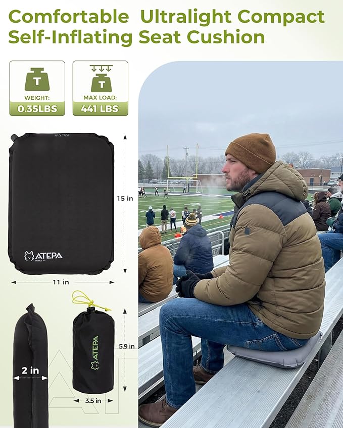 ATEPA Inflatable Seat Cushion, Self-Inflating Portable Stadium Airplane Travel Foam Cushion Pad for Camping, Sports Events, Outdoor