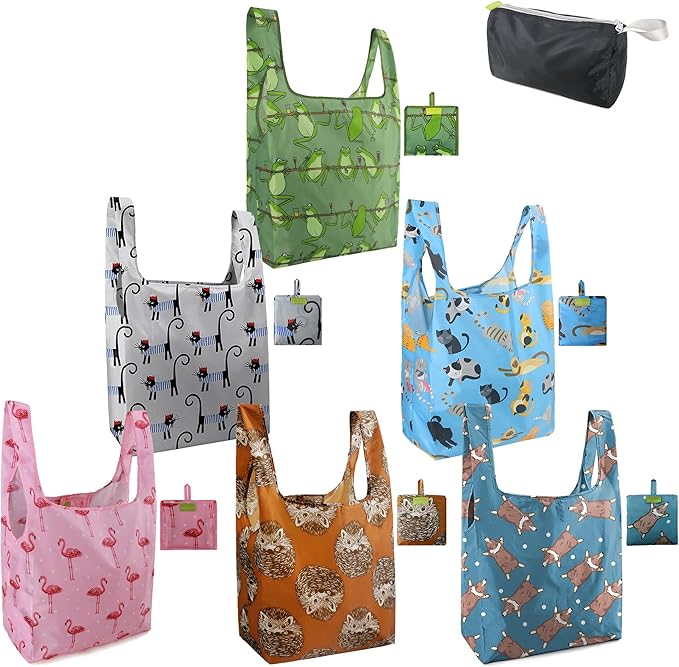 BeeGreen Animals Lover Gifts for Women Animals Reusable Grocery Bags Shopping Bags Bulk 6 Pack 50LBS X-Large Foldable Hedehog Cats Dogs Frog