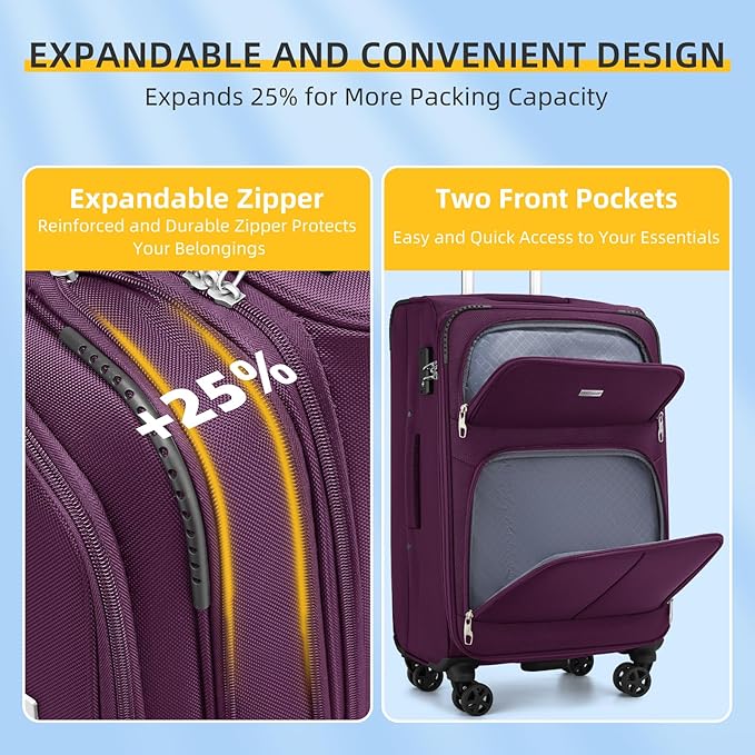 LARVENDER Softside Luggage Sets 5 Piece Expandable Suitcases Set with Spinner Wheels TSA Lock, Lightweight Soft Shell Rolling Travel Luggage Set for Men and Women, Purple