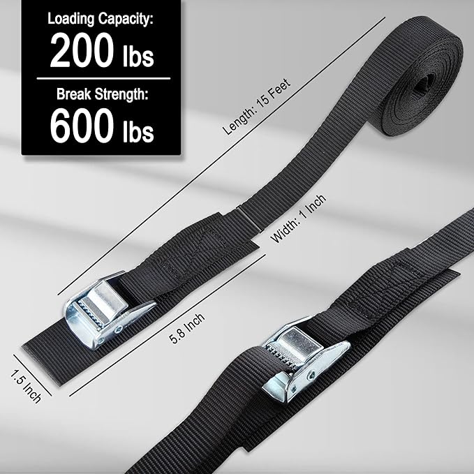 Cartman 1" x 15'Lashing Straps with Adjustable Cam Buckle Cargo Tie Down with Protective Pad, 4 Pack, Black