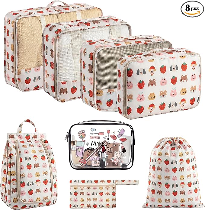 8 Set Packing Cubes for Travel with Clear Toiletry Bag, Durable Luggage Packing Organizers, Carry-On Accessories, TSA Approved See-Through Cubes, Space-Saving Storage Bags, Gifts for Women