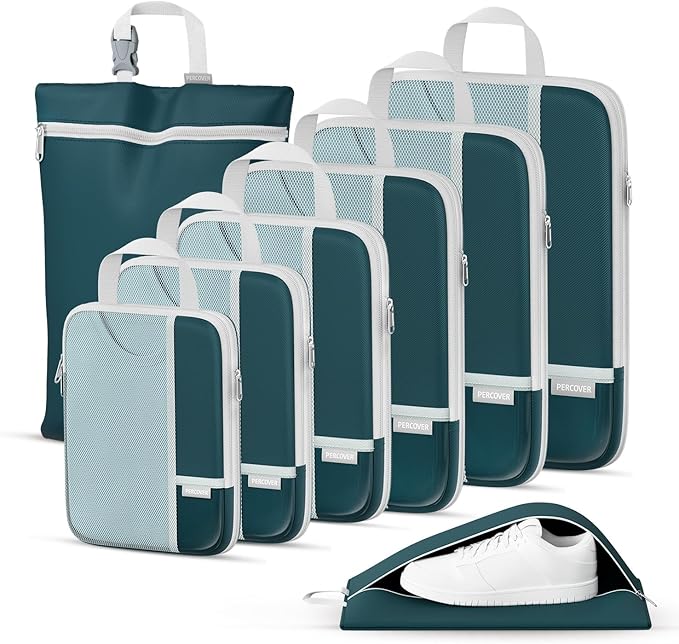 Percover Compression Packing Cubes 8-Piece Set, Packing Cubes Compression for Travel with Laundry Bag & Shoe Bag, Travel Organizer for Carry On & Checked Luggage, Peacock Green