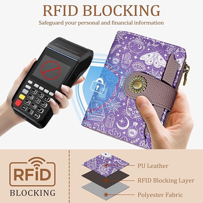 Icycay Goth Gothic Small Wallet Women RFID Blocking Bifold, Credit Card Holder, Zipper Coin Pocket, Witchy Magic, PU Leather, Compact, Travel, 4 ID Window, 14 Card Slots, Cash Purse, Ladies Woman