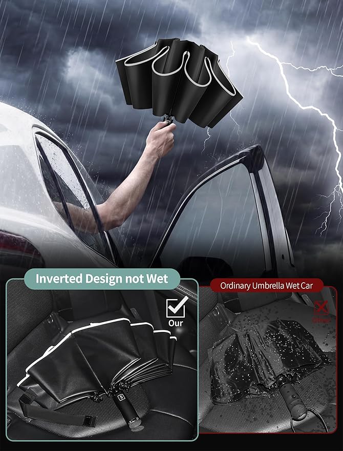 Seniny Inverted Travel Umbrella Compact - Windproof Umbrellas for Rain with Reflective Strip, Large UV Umbrella for Sun Protection, Automatic Portable Umbrellas Fold in Reverse for Car, Backpack