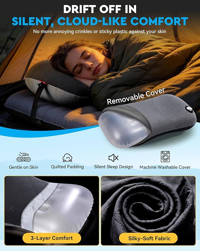 Hikenture Camping Pillow with Removable Cover - Ultralight Inflatable Pillow for Neck Lumbar Support - Upgrade Backpacking Pillow - Washable Travel Air Pillows for Camping, Hiking, Backpacking
