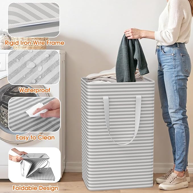 3 Pack Large Laundry Basket,Waterproof & Freestanding Laundry Hamper,Collapsible Clothes Hampers with Easy Carry Long & Reinforced Handles in Bathroom,College Dorm(100Lx3,Gray)