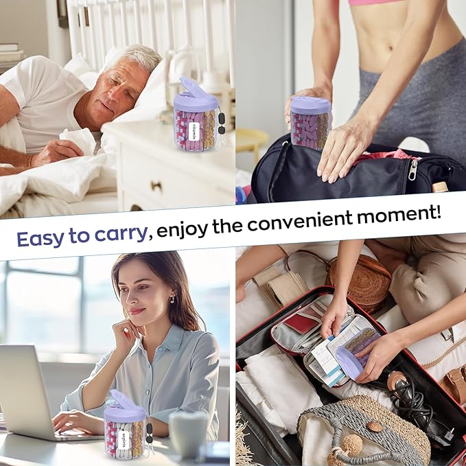 Pill Organizer with 7 Large Compartments, Pill Dispenser for Travel, Supplement Organizer with Anti-Mixing Design, BPA-Free Pill Container with 20 Pcs Labels, Purple