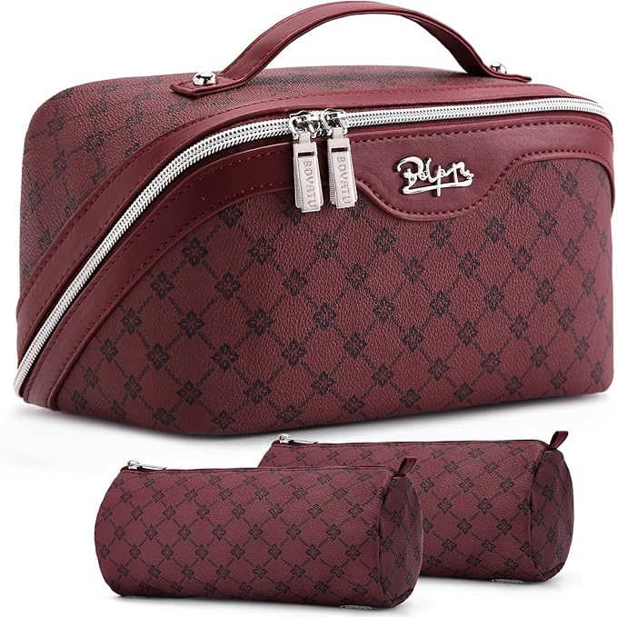 BOYATU Travel Makeup Bag Cosmetic Bags for Women: 3 Pcs Set Large Capacity Make up Bag with Handle - Vegan Leather Toiletry Bags with Compartments - Makeup Organizer for Travel Essentials(A-10-Red)