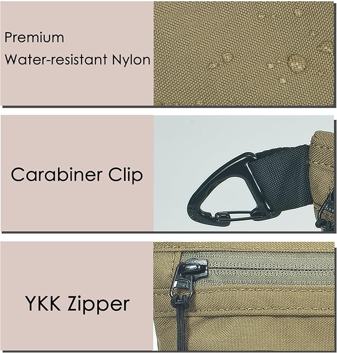YUMQUA Water-Resistant Zipper Pouch with Carabiner Clip, Small Nylon Multipurpose Travel Digital Cosmetics Toiletry Bag Tool Storage Pouch, Khaki
