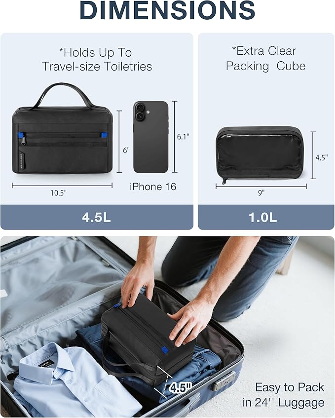 Toiletry Bag with Travel Cube, Mens Water-Resistant Hygiene Bag, Versatile Organizer for Shaving Accessories, Bathroom and Shower Essentials, Black