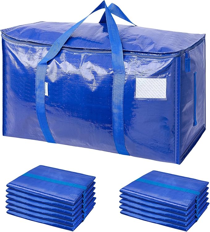 TICONN 12 Pack Extra Large Moving Bags Heavy Duty with Zippers & Carrying Handles, Durable Storage Bags Moving Boxes for Closet Organizers and Storage (12 Pack, Blue)