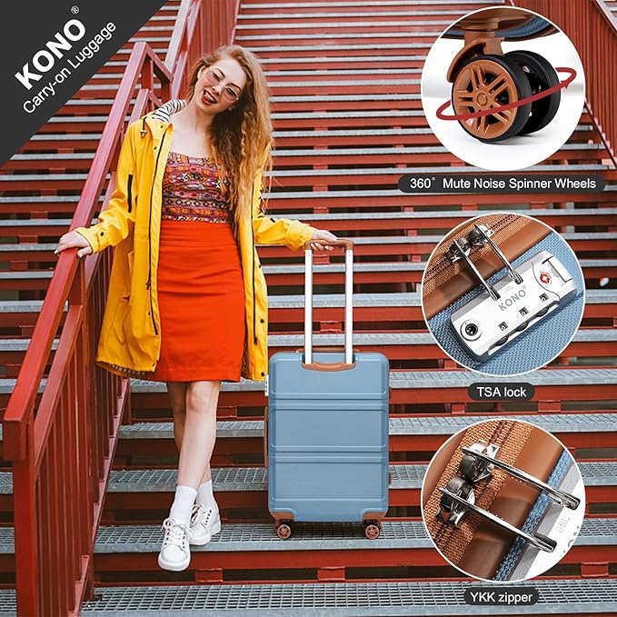 Kono Luggage Set 4 Piece Carry On Lightweight PC+ABS Hardside Luggage with TSA Lock Spinner Wheels Carry On Suitcase Apricot Blue