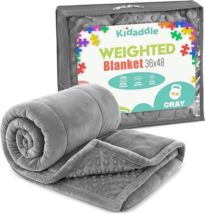 XL Weighted Blanket for Kids 5lb (Grey) 36x48 Inch, Plush Minky Kids Blanket with Travel Bag, Blanket for Ages 4 to 10