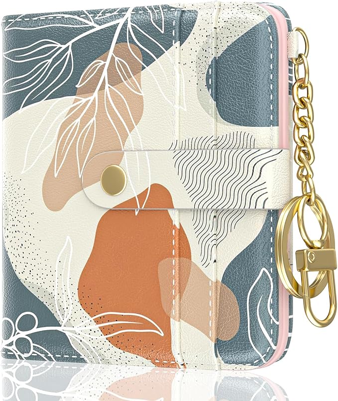 Aiawoxc Womens Wallet, RFID Small Wallets for Women, Slim Compact Credit Card Holder, Cute Leather Bifold Ladies Purse with Zipper Coin Pocket and ID Window, Abstract Boho Leaf