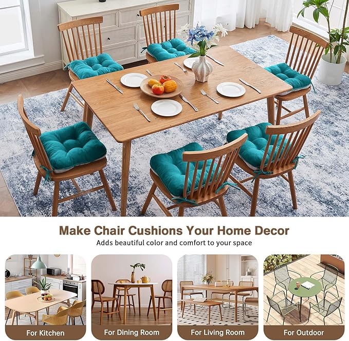 BETU Chair Cushions for Dining Chairs Set of 6,3.5" Thick Kitchen Table Chair Pads with Ties,Non Slip Backing and Covers, Seat Cushion for Dining Room,Bar,Patio Chairs,16"X16"X3.5",Teal