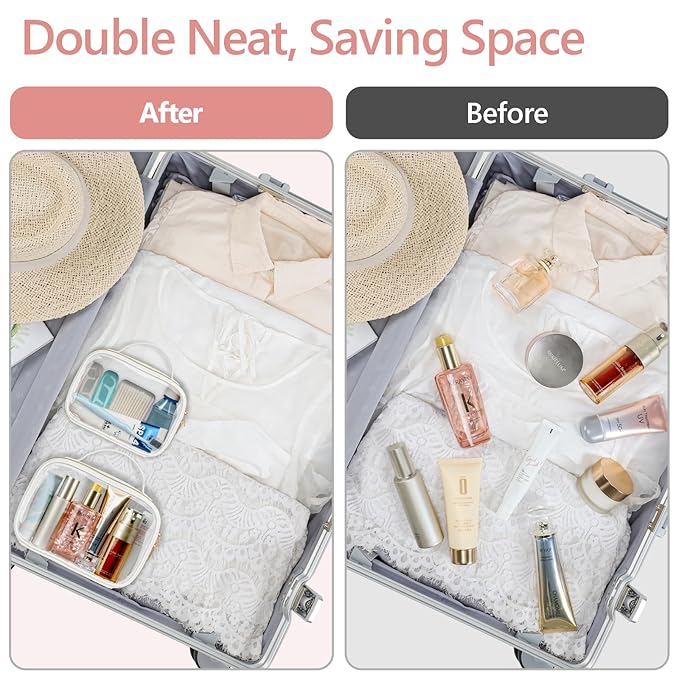 PACKISM Glitter Texture TSA Approved Toiletry Bag Set, Style Clear Makeup Bag with Handle, 1 TSA Medium & 1 Large for Travel, Gift for Women, White