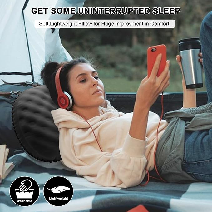 Ultralight Inflatable Camping Pillow with Soft Cover, Compact Compressible Portable Travel Air Pillow, Blow Up Camp Pillows for Outdoor Camp Sport Hiking Backpacking Travel Essential Black