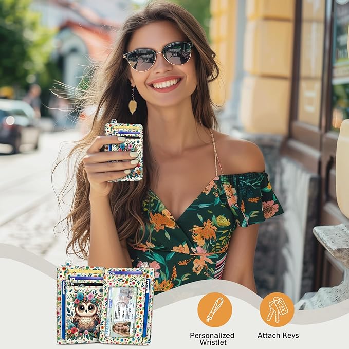Yonlevres Credit Card Holder Slim Wallet, Floral Owl RFID Wallet Women Front Pocket Small Card Holder, Funny Cute Travel Thin Card Case ID Window PU Leather RFID Blocking Card Organizer Gift Girls