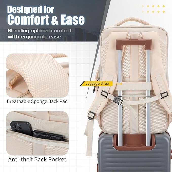 42L Travel Backpack with 4 Packing Cubes, TSA Friendly Flight Approved Carry-On Bag, Water-Resistant Business Backpack for Men Women, Fits 17.3" Laptop (Off-white)