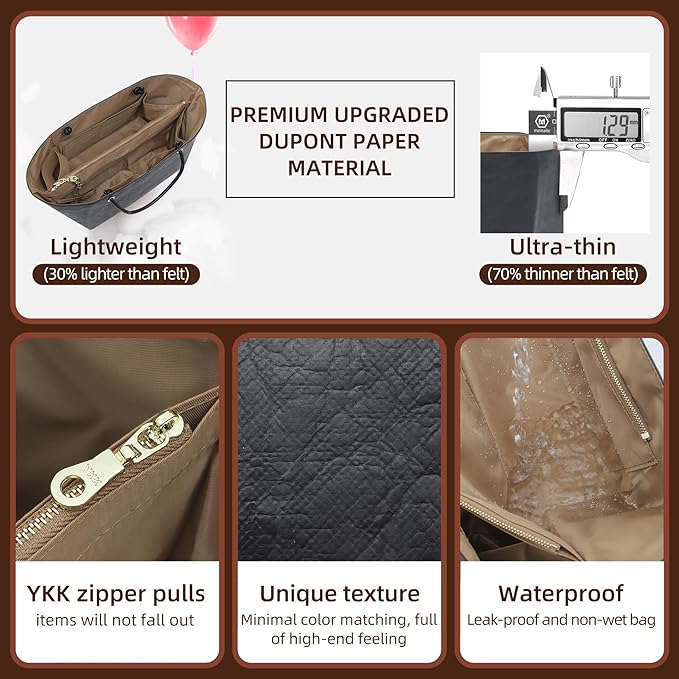 Doxo DupontPaper Purse Organizer Insert for Longchamp LePliage Large,Fixed Handle, Bag Shaper with Key Leash& 16 Compartments, Upgraded Elastic Cup Holder(Black Brown，L)