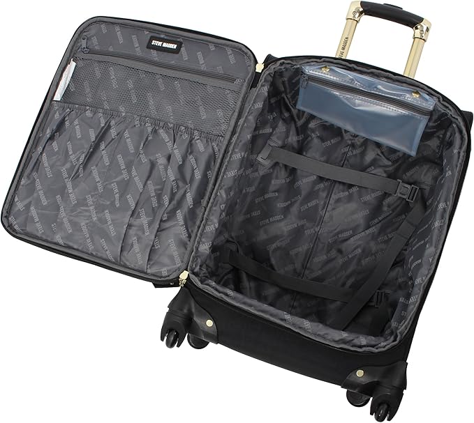 Steve Madden Designer-Gepckkollektion Leichter Softside-Koffer fr Damen und Herren strapazierfhige 50,8 cm groe Tragetasche mit 4 rollenden Spinner-Rdern, Peek-a-boo Black, 20in, Carry on Bag With