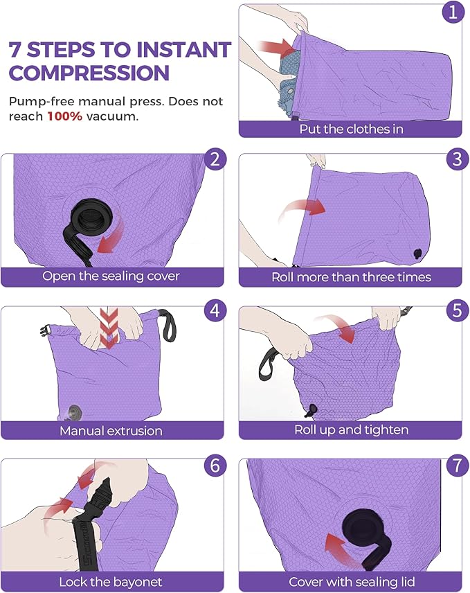 Travel Laundry Bag, Pump Free Vacuum Storage Bag Reusable Compression Dirty Clothes Travel Bag Waterproof Wet Dry Bags Large Capacity Space Saver Bags Camp Clothes Organizer (1 Pcs)(Purple, M)