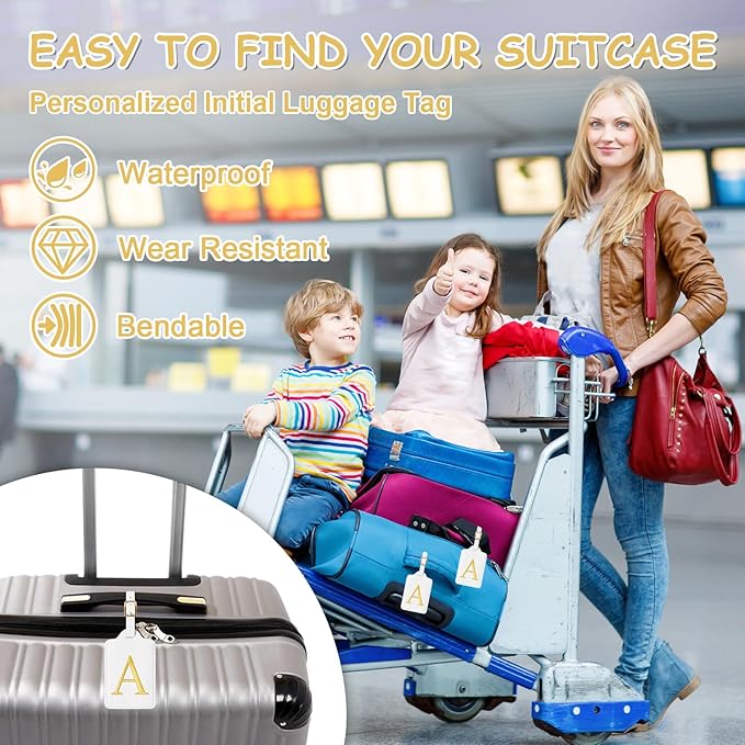 Initial Luggage Tags for Suitcases, Cute Embroidered Letter Luggage Bag Suitcase Identifier Name Baggage Tag, PU Leather Travel Luggage Tags, Bag Tags for Men Women Kids Luggage Handbags(White A)